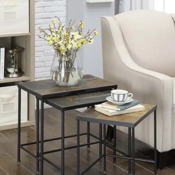 Accent & End Tables-Kirkland's Home Metal Nesting Slate Top Accent Tables, Set Of 3 Black