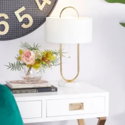 Table Lamps-Kirkland's Home Metal Open Loop Stem White Round Table Lamp Gold
