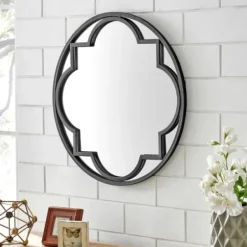 Decorative Mirrors-Kirkland's Home Metal Quatrefoil Round Frame Wall Mirror Black