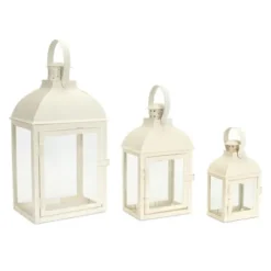 Lanterns-Kirkland's Home Metal Slope Top Lanterns, Set Of 3 Ivory