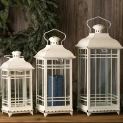 Lanterns-Kirkland's Home Metal Windowpane Lanterns, Set Of 3 White
