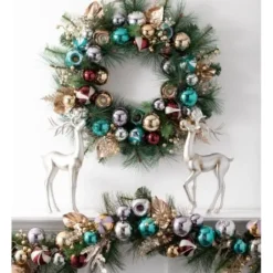 Arrangements & Greenery-Kirkland's Home Metallic Multicolor Ornaments And Berries Garland Green/Silver/Red/Gold/Blue