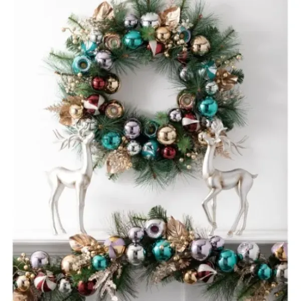 Arrangements & Greenery-Kirkland's Home Metallic Multicolor Ornaments And Berries Garland Green/Silver/Red/Gold/Blue