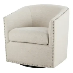 Accent Chairs-Kirkland's Home Metro Club Natural Swivel Chair With Nailhead Trim White