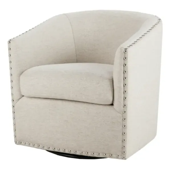 Accent Chairs-Kirkland's Home Metro Club Natural Swivel Chair With Nailhead Trim White