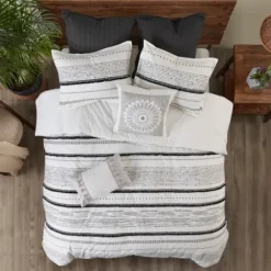 Duvets-Kirkland's Home Mia Striped 3-Pc. Queen Duvet Cover Set White