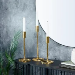 Candle Holders-Kirkland's Home Minimalist Circle Base 3-Pc. Candlestick Set Gold