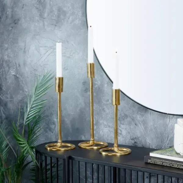 Candle Holders-Kirkland's Home Minimalist Circle Base 3-Pc. Candlestick Set Gold