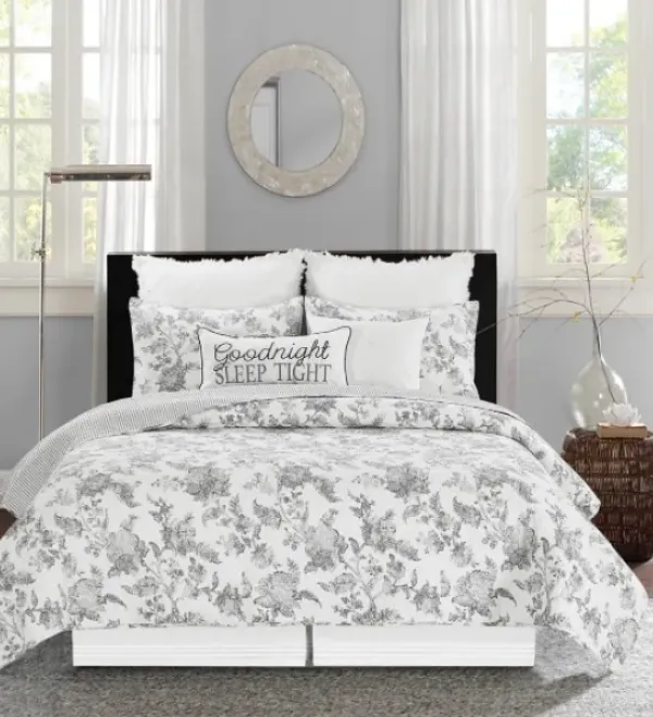 Quilts-Kirkland's Home Miriam Floral & Stripe 3-Pc. King Quilt Set Gray/White