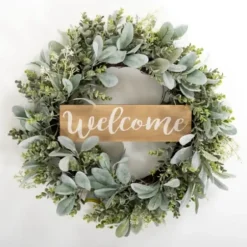 Wreaths-Kirkland's Home Mixed Greenery Welcome Sign Wreath Green/Brown