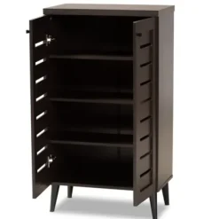 Entryway Furniture-Kirkland's Home Mocha Tall Slatted Shoe Storage Cabinet Brown