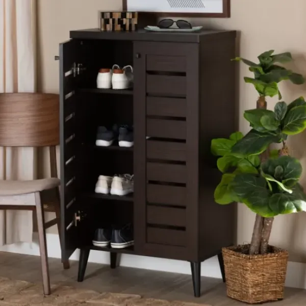 Entryway Furniture-Kirkland's Home Mocha Tall Slatted Shoe Storage Cabinet Brown