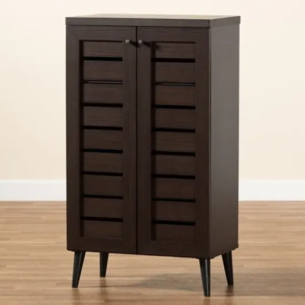 Entryway Furniture-Kirkland's Home Mocha Tall Slatted Shoe Storage Cabinet Brown
