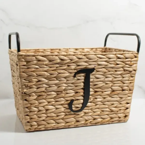 Baskets & Boxes-Kirkland's Home Monogram J Woven Rat Metal Handle Basket Tan