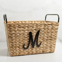 Baskets & Boxes-Kirkland's Home Monogram M Woven Rat Metal Handle Basket Tan