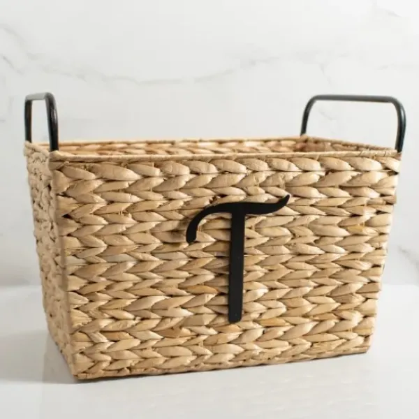 Baskets & Boxes-Kirkland's Home Monogram T Woven Rat Metal Handle Basket Tan
