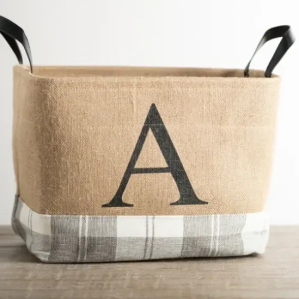Baskets & Boxes-Kirkland's Home Monogrammed A Gray Plaid Leather Handle Jute Bin Tan