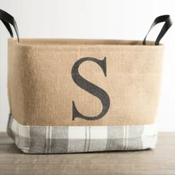 Baskets & Boxes-Kirkland's Home Monogrammed D Gray Plaid Leather Handle Jute Bin Tan