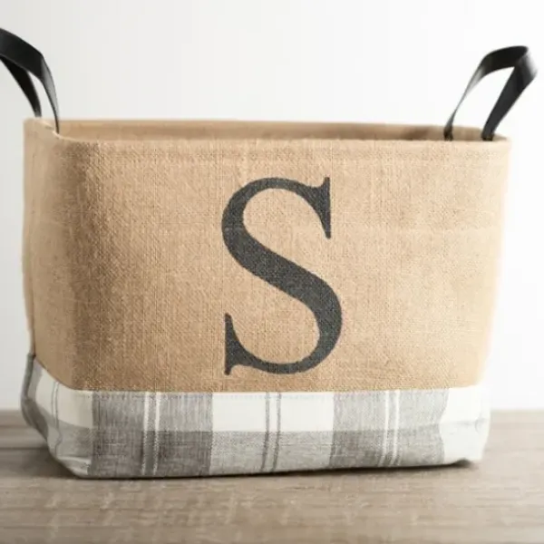 Baskets & Boxes-Kirkland's Home Monogrammed D Gray Plaid Leather Handle Jute Bin Tan
