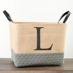 Baskets & Boxes-Kirkland's Home Monogrammed J Black Diamond Jute Storage Bin Tan/Black