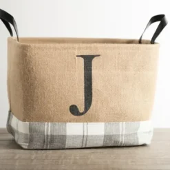 Baskets & Boxes-Kirkland's Home Monogrammed J Gray Plaid Leather Handle Jute Bin Tan