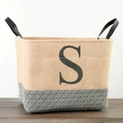 Baskets & Boxes-Kirkland's Home Monogrammed S Black Diamond Jute Storage Bin Tan/Black