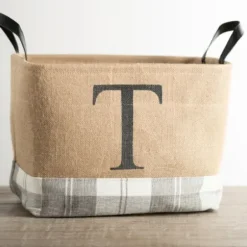 Baskets & Boxes-Kirkland's Home Monogrammed T Gray Plaid Leather Handle Jute Bin Tan