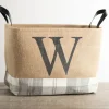 Baskets & Boxes-Kirkland's Home Monogrammed W Gray Plaid Leather Handle Jute Bin Tan