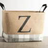 Baskets & Boxes-Kirkland's Home Monogrammed Z Gray Plaid Leather Handle Jute Bin Tan
