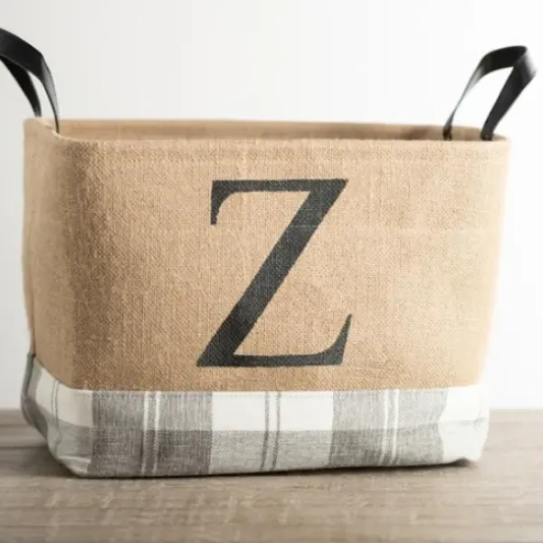 Baskets & Boxes-Kirkland's Home Monogrammed Z Gray Plaid Leather Handle Jute Bin Tan