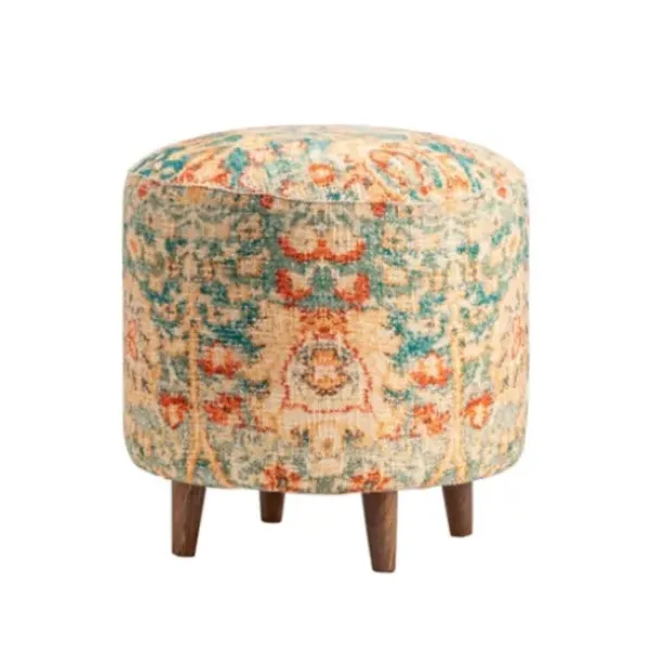 Benches & Ottomans-Kirkland's Home Multicolor Patterned Wood Ottoman Stool Blue/Orange/Ivory