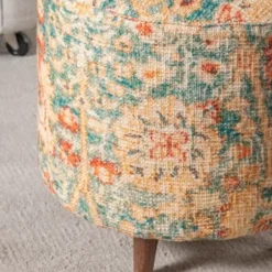Benches & Ottomans-Kirkland's Home Multicolor Patterned Wood Ottoman Stool Blue/Orange/Ivory