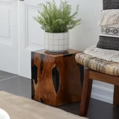 Accent & End Tables-Kirkland's Home Natural Abstract Teak Wood Grain Accent Table Brown