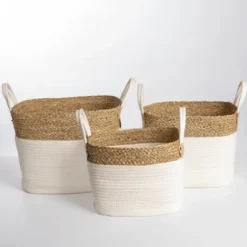 Baskets & Boxes-Kirkland's Home Natural And White Woven Baskets, Set Of 3 Tan/White