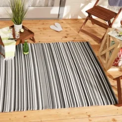 Outdoor Rugs-Kirkland's Home Natural Canva Striped Outdoor Area Rug, 4X7 Tan