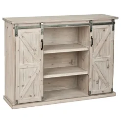 Entryway Furniture-Kirkland's Home Natural Farmhouse Sliding Door Cabinet Gray