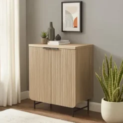Cabinets & Sideboards-Kirkland's Home Natural Fluted Wood Scandinavian Cabinet Tan