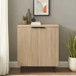 Cabinets & Sideboards-Kirkland's Home Natural Fluted Wood Scandinavian Cabinet Tan