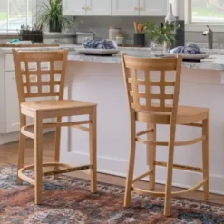 Bar Stools & Counter Height Stools-Kirkland's Home Natural Grid Back Wood Counter Stools, Set Of 2 Tan