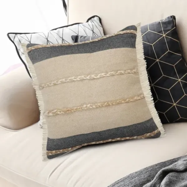 Pillows-Kirkland's Home Natural Jute Braided Stripe Throw Pillow, 20 In. Black/Tan/Ivory