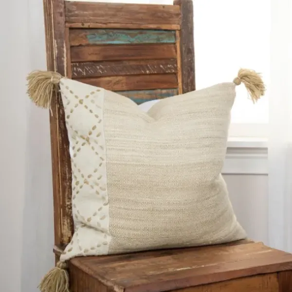 Pillows-Kirkland's Home Natural Kantha Stitch Recycled Throw Pillow Tan