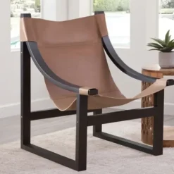 Accent Chairs-Kirkland's Home Natural Leather And Black Wood Sling Accent Chair Tan