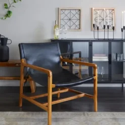 Accent Chairs-Kirkland's Home Natural Leather Sling Accent Chair Black