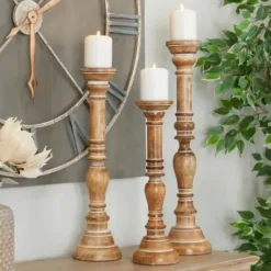 Candle Holders-Kirkland's Home Natural Mango Wood Carved Candle Holders, Set Of 3 Tan