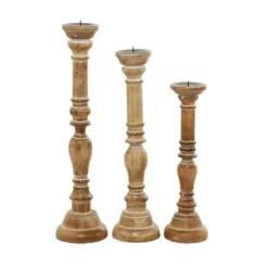 Candle Holders-Kirkland's Home Natural Mango Wood Carved Candle Holders, Set Of 3 Tan