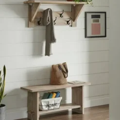 Entryway Furniture-Kirkland's Home Natural Mango Wood 2-Pc. Wall Hook And Bench Set