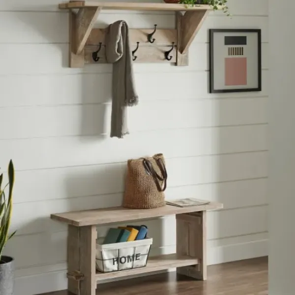 Entryway Furniture-Kirkland's Home Natural Mango Wood 2-Pc. Wall Hook And Bench Set