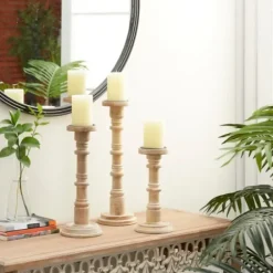 Candle Holders-Kirkland's Home Natural Mango Wood Pillar Candle Holders, Set Of 3 Brown