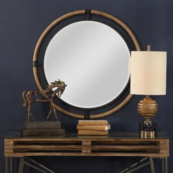 Decorative Mirrors-Kirkland's Home Natural Rope And Black Metal Round Wall Mirror
