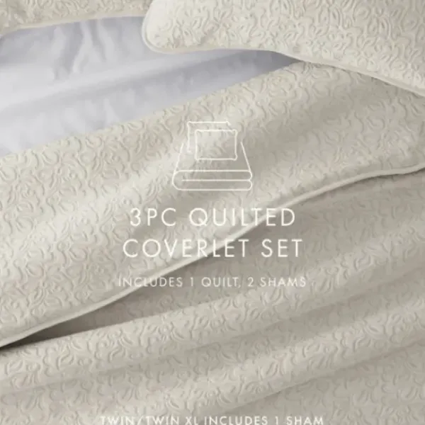 Quilts-Kirkland's Home Natural Stitched Floral 3-Pc. King Quilt Set Ivory